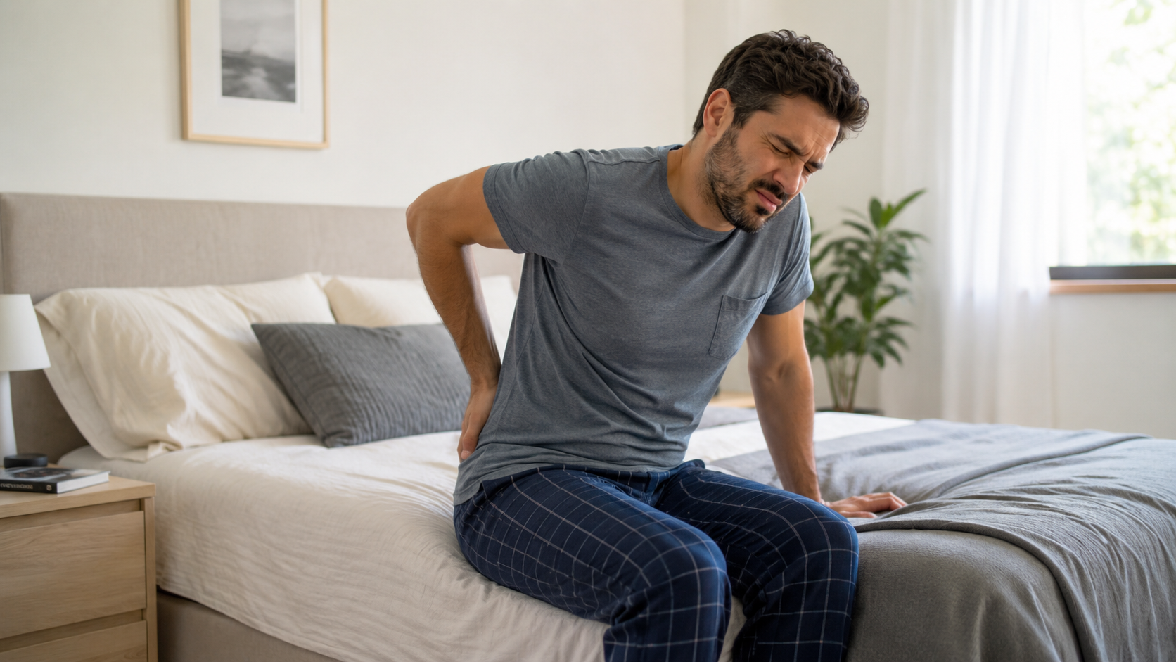 A man sitting on the edge of a bed in the morning, wincing and holding his lower back in discomfort.