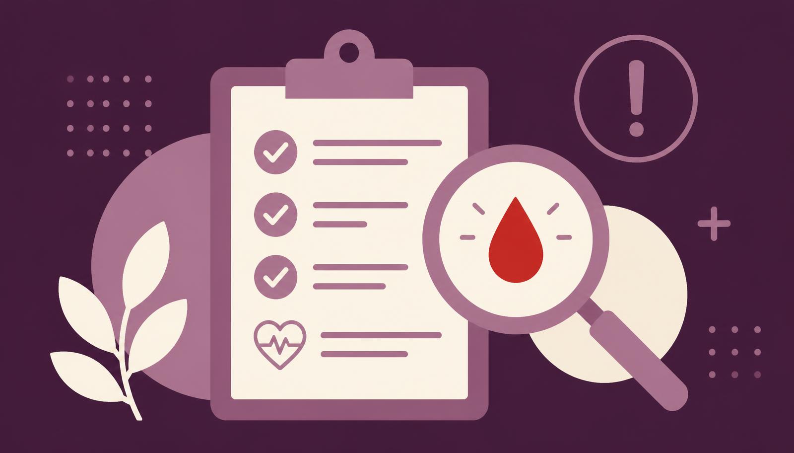 Flat illustration of a checklist clipboard with a magnifier over a single red drop and an alert icon.