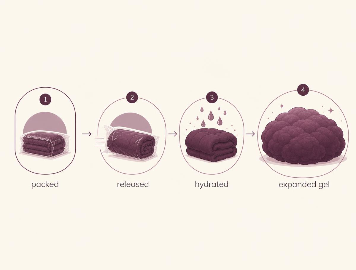 Four-step diagram showing mucin packed inside a goblet cell, released, hydrated, and expanded into a mucus gel.