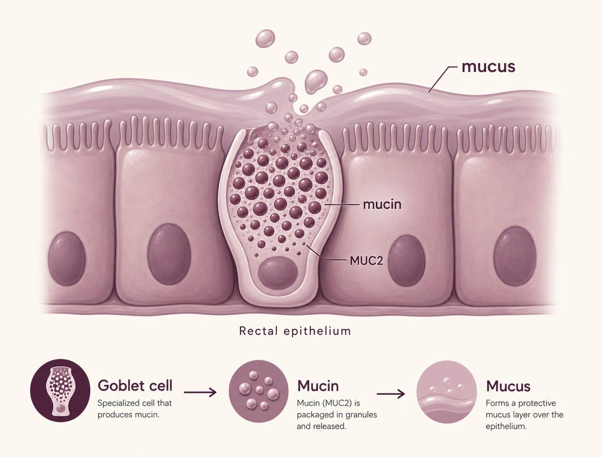 Diagram showing a goblet cell in rectal epithelium releasing mucin that forms mucus, labeled with MUC2.