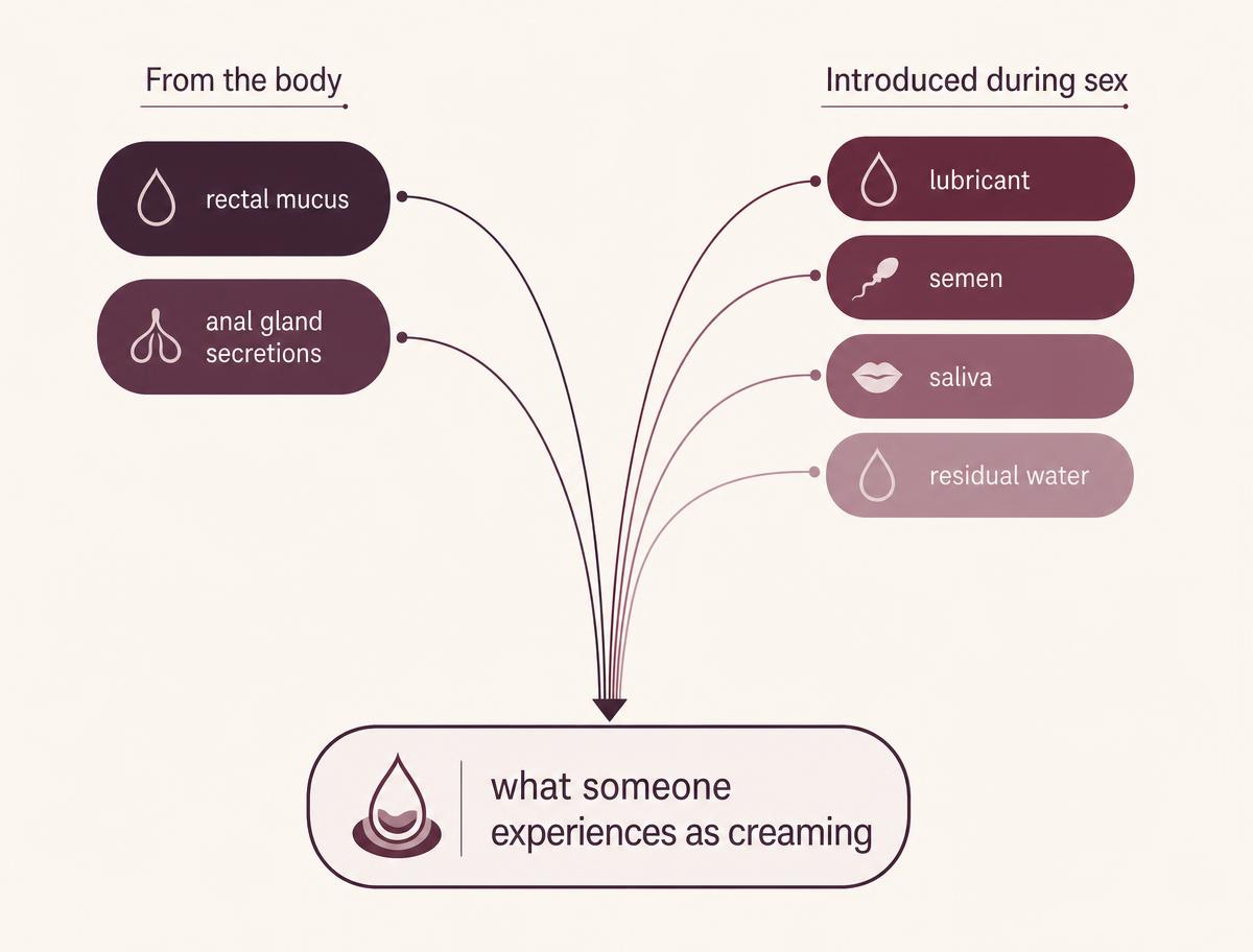 Diagram showing rectal mucus, anal gland secretions, lubricant, semen, saliva and residual douching water as possible contributors to wetness during anal sex.