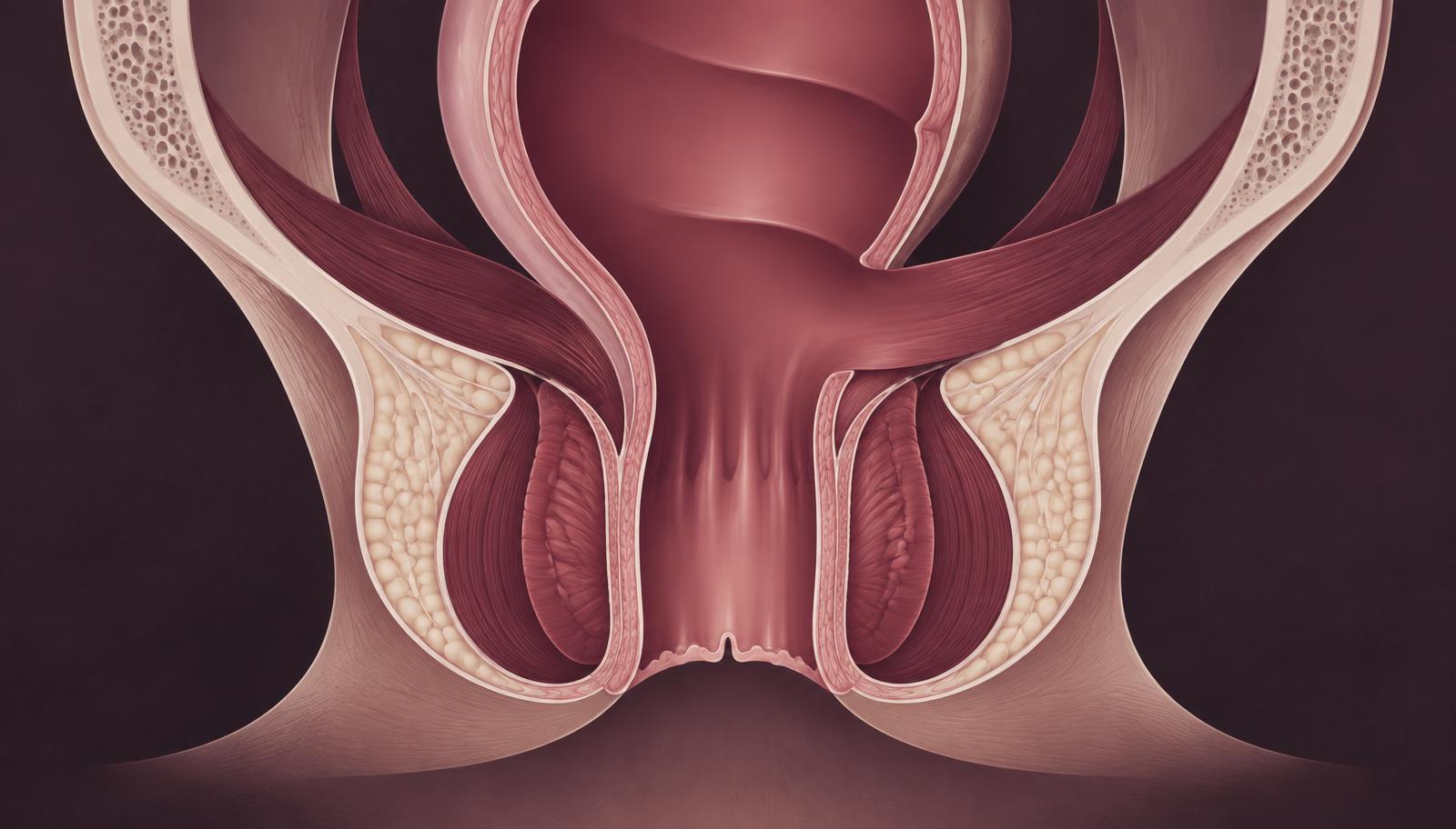 Side-view medical illustration showing the anal opening, internal and external anal sphincters, anal canal, puborectalis muscle, anorectal junction and rectum.